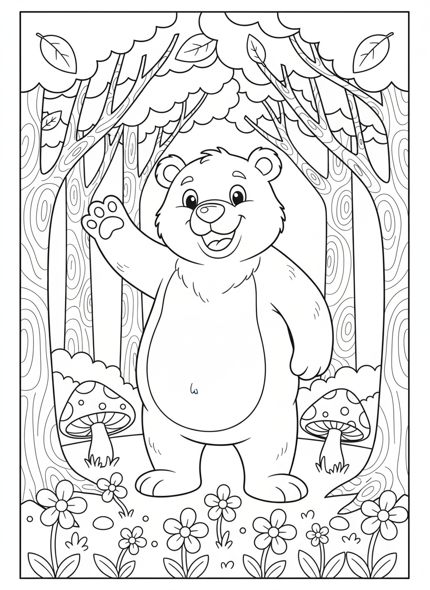 Cheerful Bear Waving in a Whimsical Forest: A Cute Cartoon Coloring Page for Kids - Bear Coloring Page featuring Children and Forest - Free Printable Outline Drawing for Kids