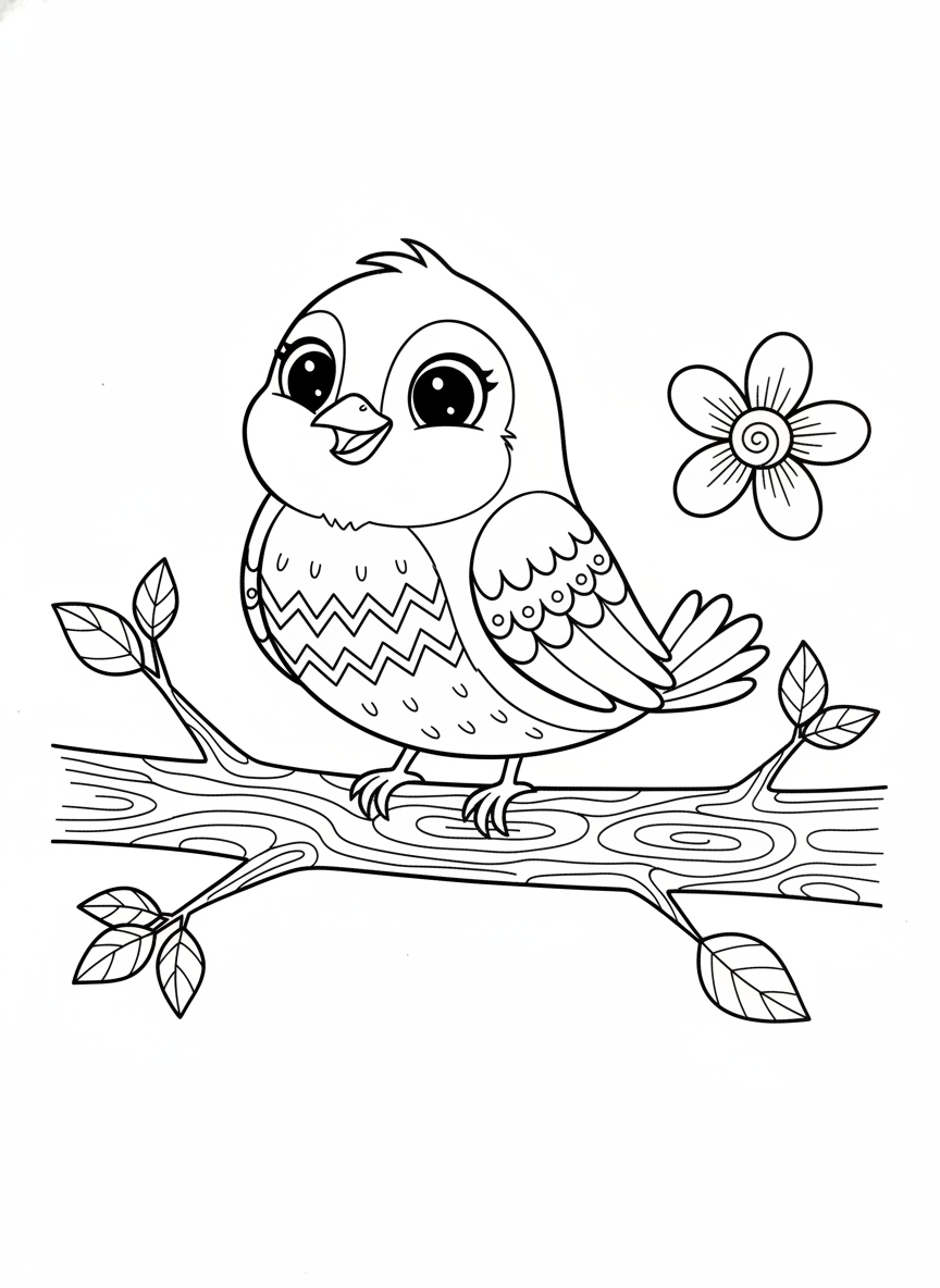 Página de Colorir de Pássaro Alegre em um Galho para Crianças - Pássaro Desenho para Colorir com Natureza e Crianças - Desenho de Contorno Grátis Imprimível