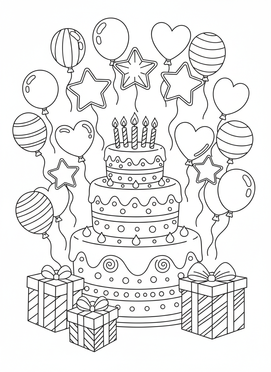 Cheerful Birthday Cake Celebration Coloring Page for Kids - Birthday Coloring Page featuring Children and Cute - Free Printable Outline Drawing for Kids
