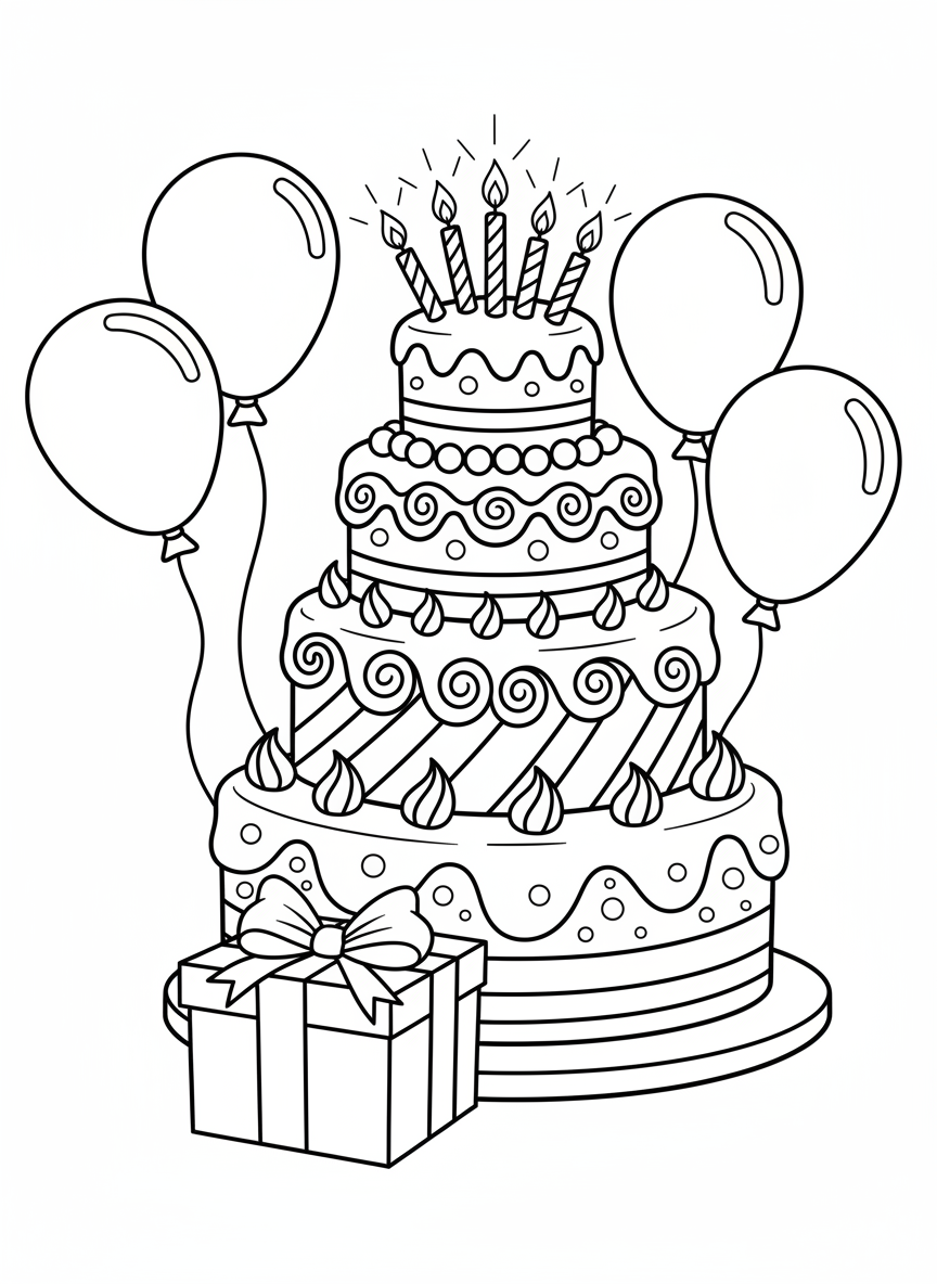 Cheerful Birthday Cake Coloring Page for Kids: Easy & Fun Celebration Art - Birthday Coloring Page featuring Children and Celebration - Free Printable Outline Drawing for Kids