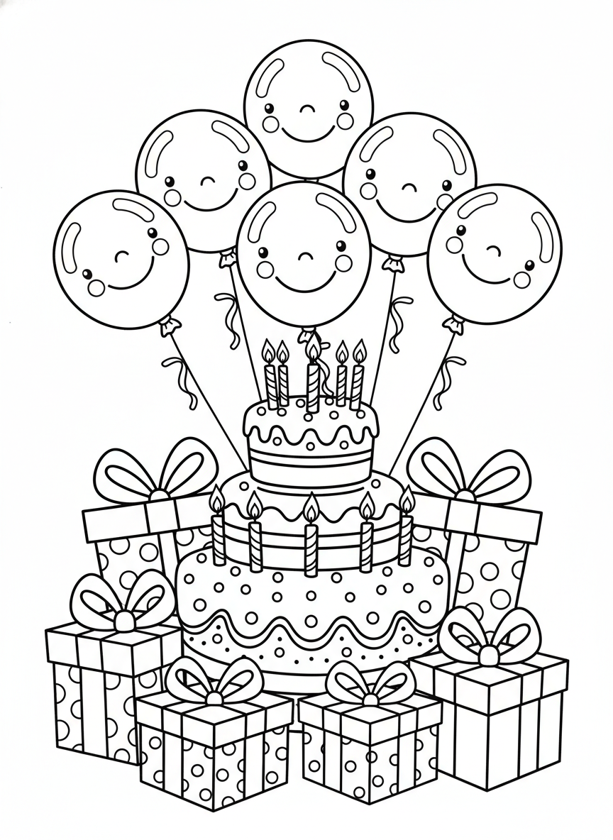 Cheerful Birthday Cake Party: A Delightful Coloring Page for Kids - Birthday Coloring Page featuring Festive and Happy - Free Printable Outline Drawing for Kids