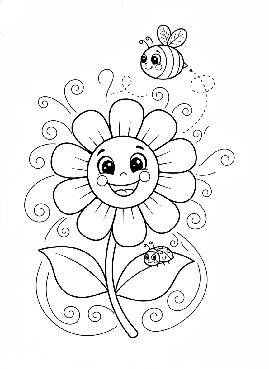 Página de Colorir de Flor Alegre com Abelha e Joaninha - Flores Desenho para Colorir com Feliz e Natureza - Desenho de Contorno Grátis Imprimível