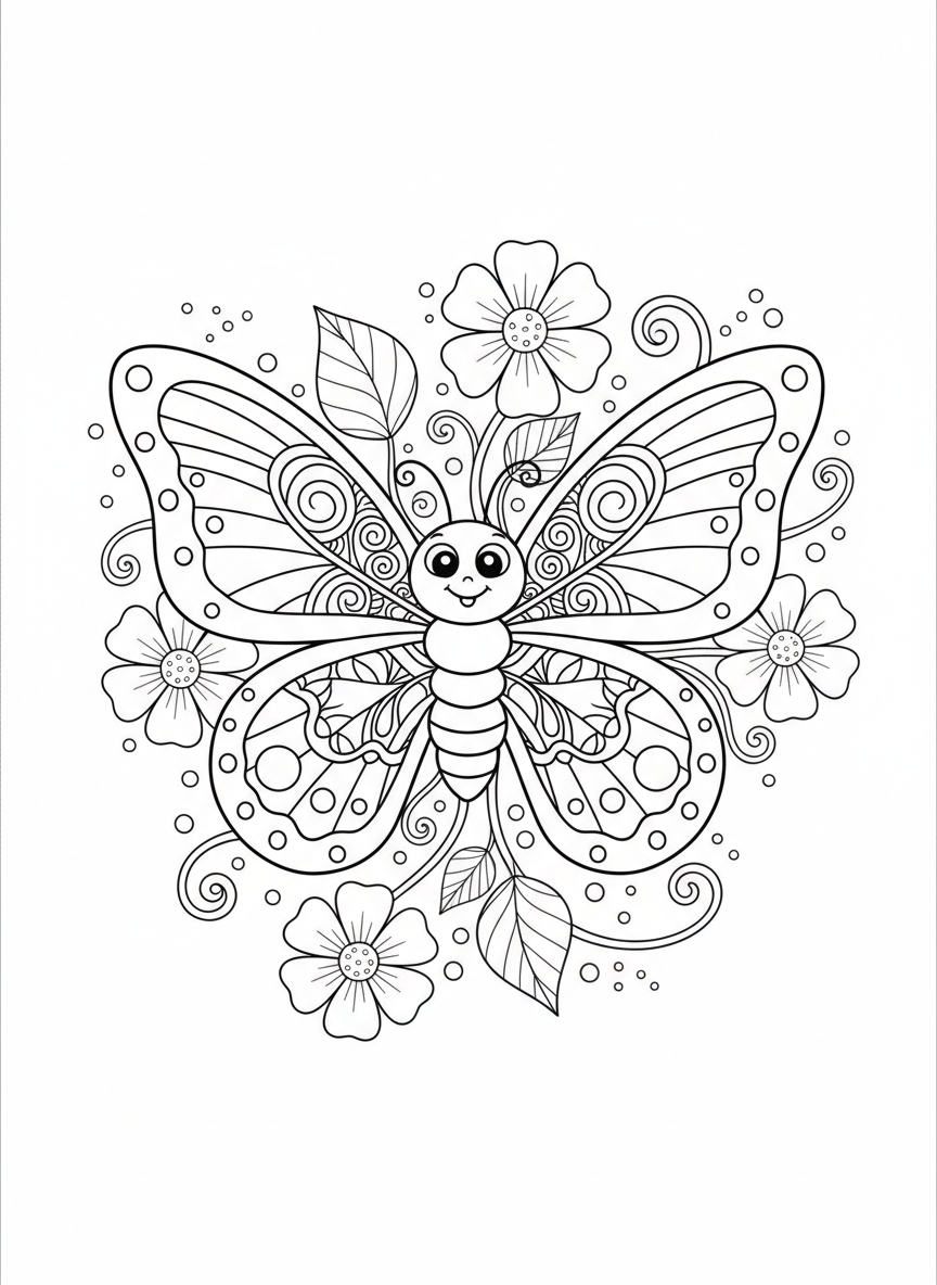 Cheerful Butterfly & Flowers Kids Coloring Page - Butterfly Coloring Page featuring Easy to Color and Butterfly - Free Printable Outline Drawing for Kids