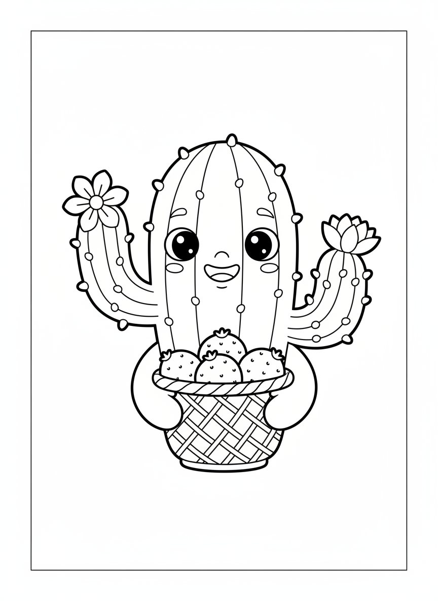 Cheerful Cactus with Prickly Pears: A Fun Coloring Page for Kids - Cactus Coloring Page featuring Cute and Cartoon - Free Printable Outline Drawing for Kids