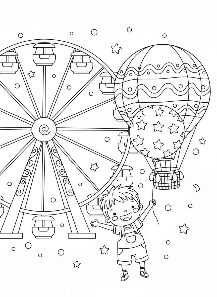 Cheerful Carnival Adventure: Ferris Wheel & Hot Air Balloon Coloring Page - Festival Celebration Coloring Page featuring Carnival and Playful - Free Printable Outline Drawing for Kids