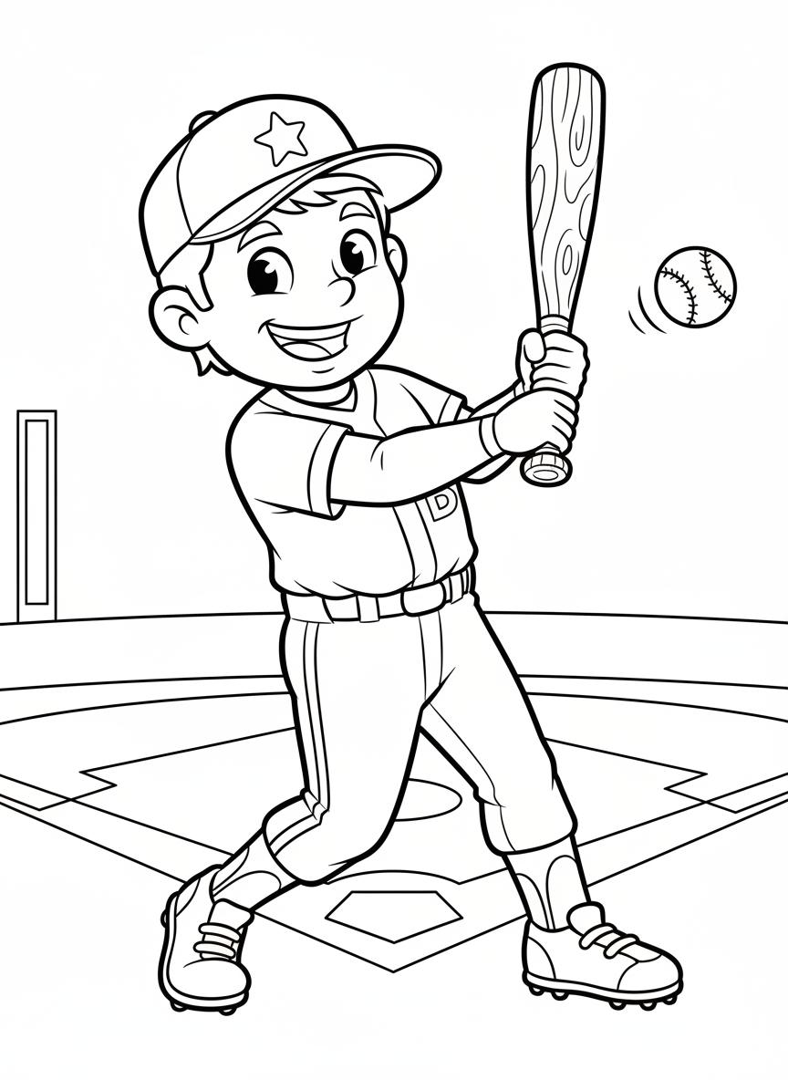 Página para colorear de Jugador de Béisbol de Dibujos Animados Alegre - Deportista Dibujo para Colorear con Fácil de colorear y Niños - Dibujo de Contorno Gratis Imprimible