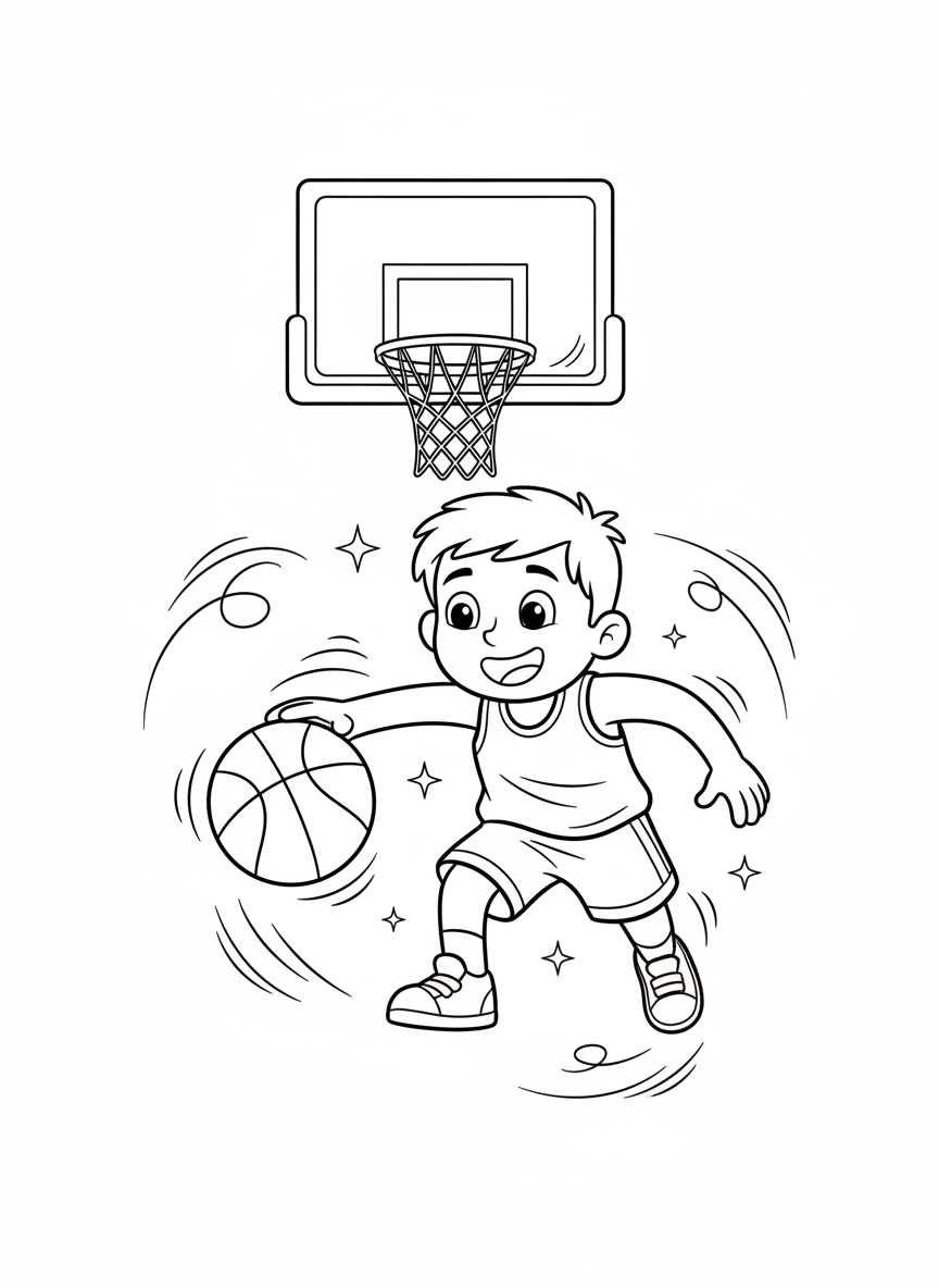 陽気なバスケットボール選手ドリブルぬりえ - スポーツ選手 ぬりえページ 子供とスポーツ - 無料印刷可能な輪郭画