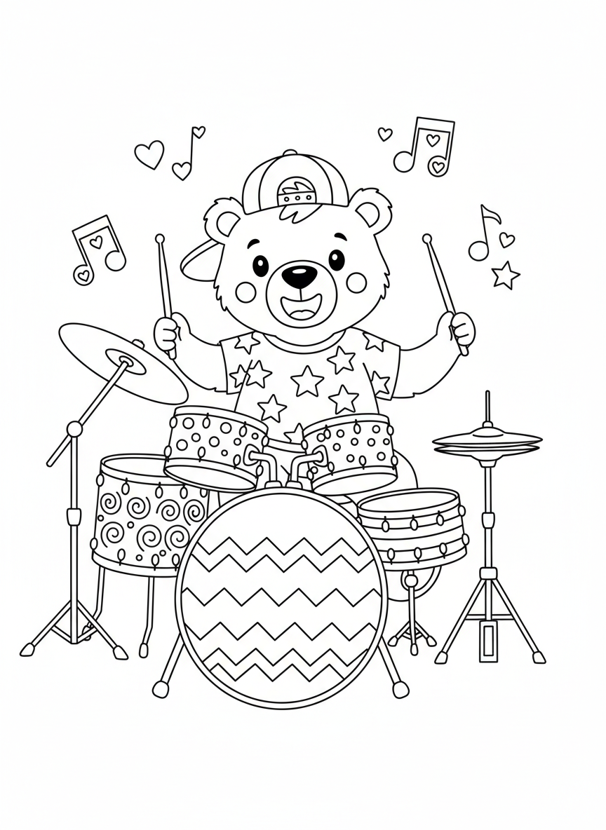 Cheerful Cartoon Bear Playing Drums Coloring Page for Kids - Bear Coloring Page featuring Cute and Children - Free Printable Outline Drawing for Kids