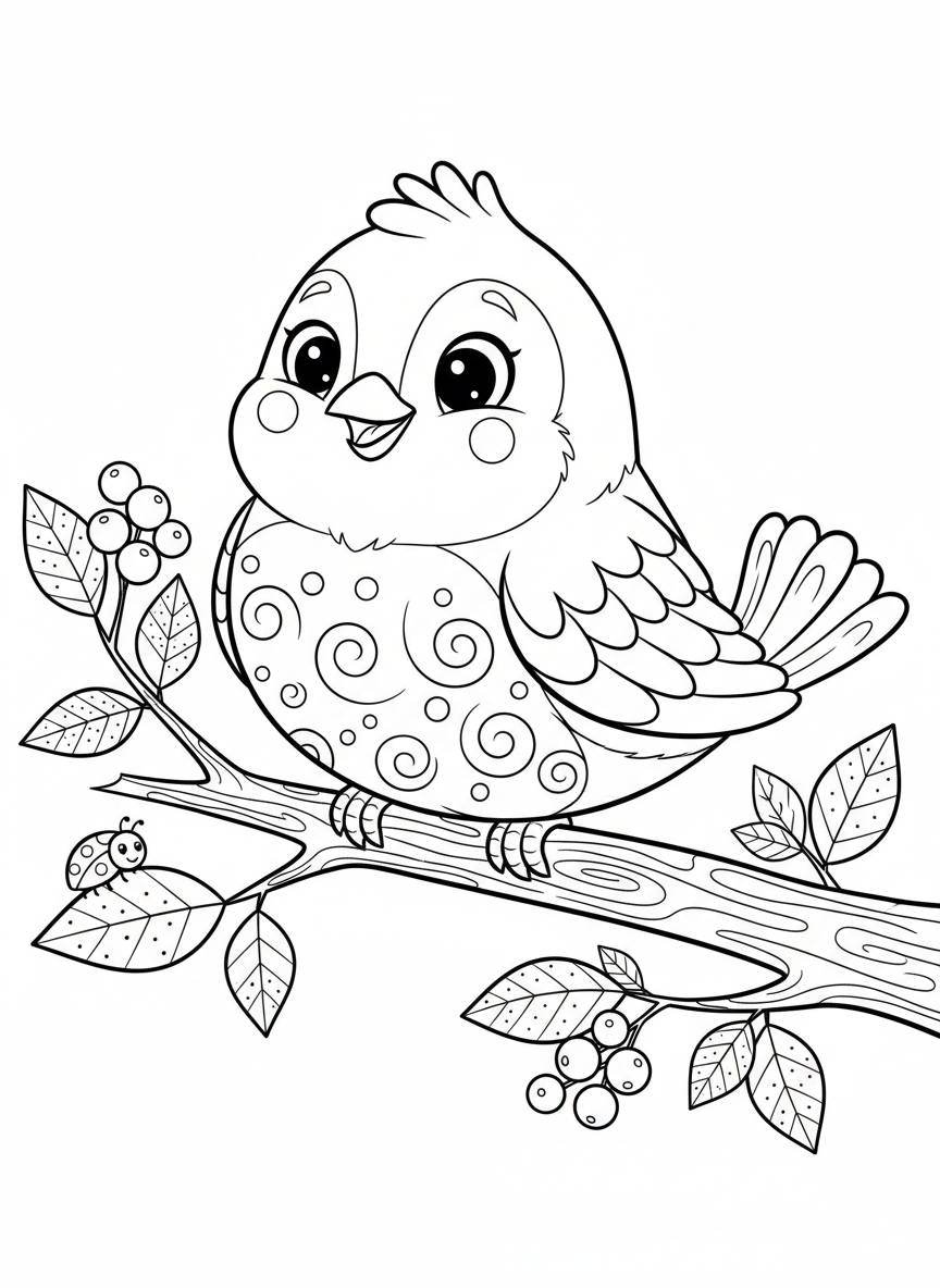 Cheerful Cartoon Bird on a Branch with a Ladybug Coloring Page for Kids - Bird Coloring Page featuring Nature and Ladybug - Free Printable Outline Drawing for Kids