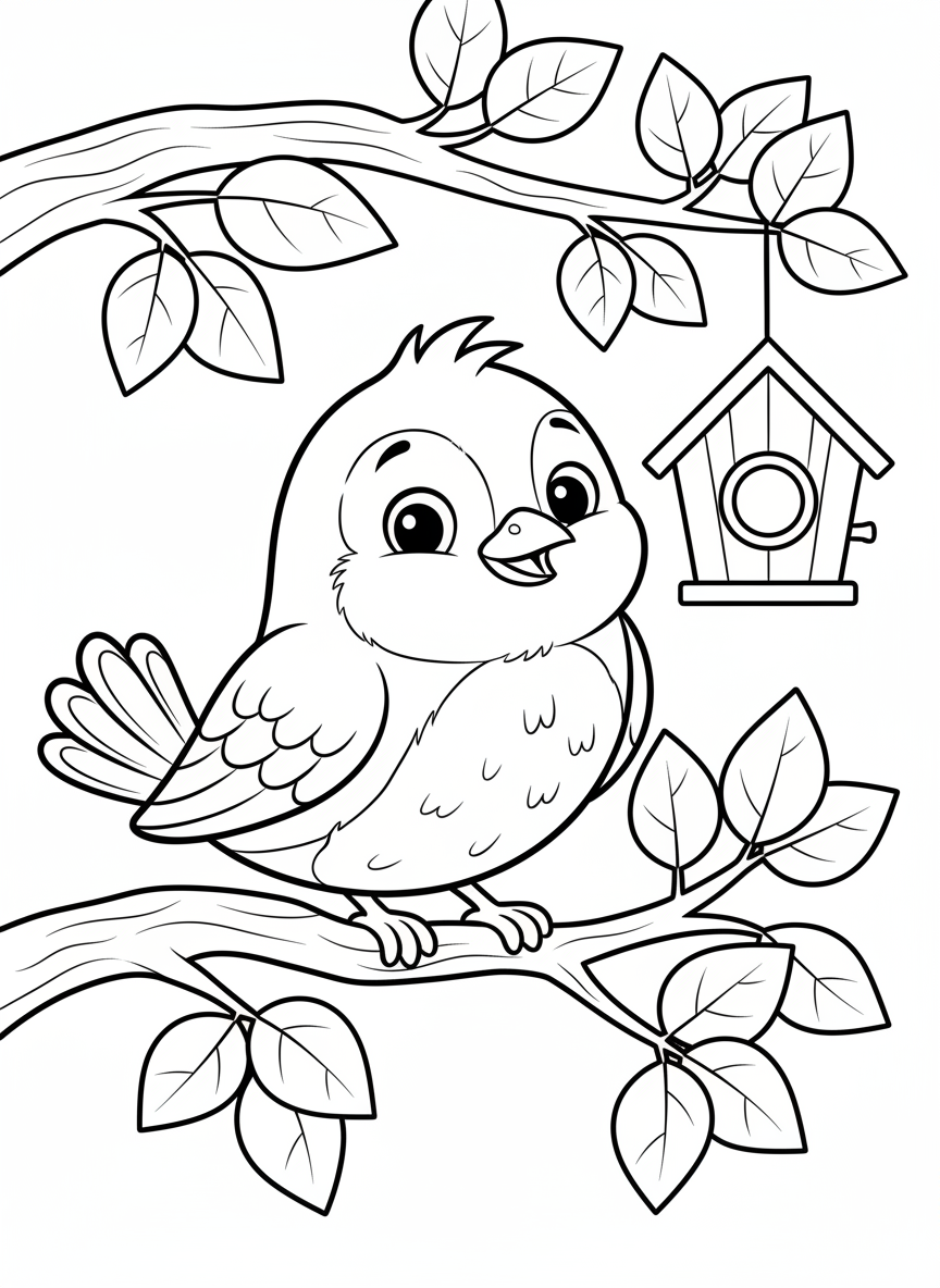 Cheerful Cartoon Bird on Branch Coloring Page for Kids 5-8 - Bird Coloring Page featuring Nature and Children - Free Printable Outline Drawing for Kids