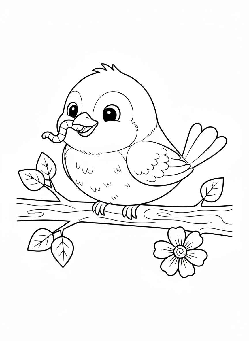Cheerful Cartoon Bird with Worm on Branch Coloring Page - Bird Coloring Page featuring Nature and Children - Free Printable Outline Drawing for Kids