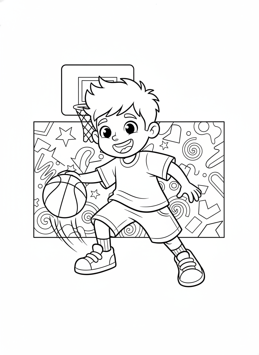 Cheerful Cartoon Boy Dribbling Basketball Coloring Page - Sports Player Coloring Page featuring Kids and Sports - Free Printable Outline Drawing for Kids