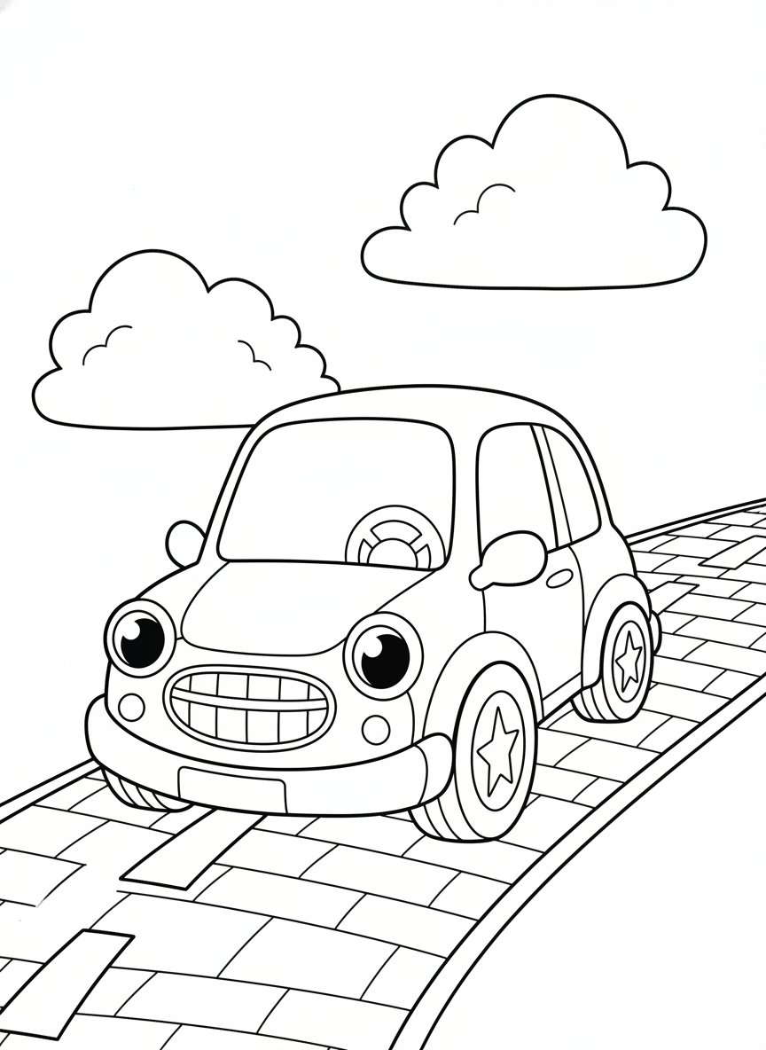 Cheerful Cartoon Car Adventure Coloring Page for Kids - Car Coloring Page featuring Easy to Color and Cute - Free Printable Outline Drawing for Kids