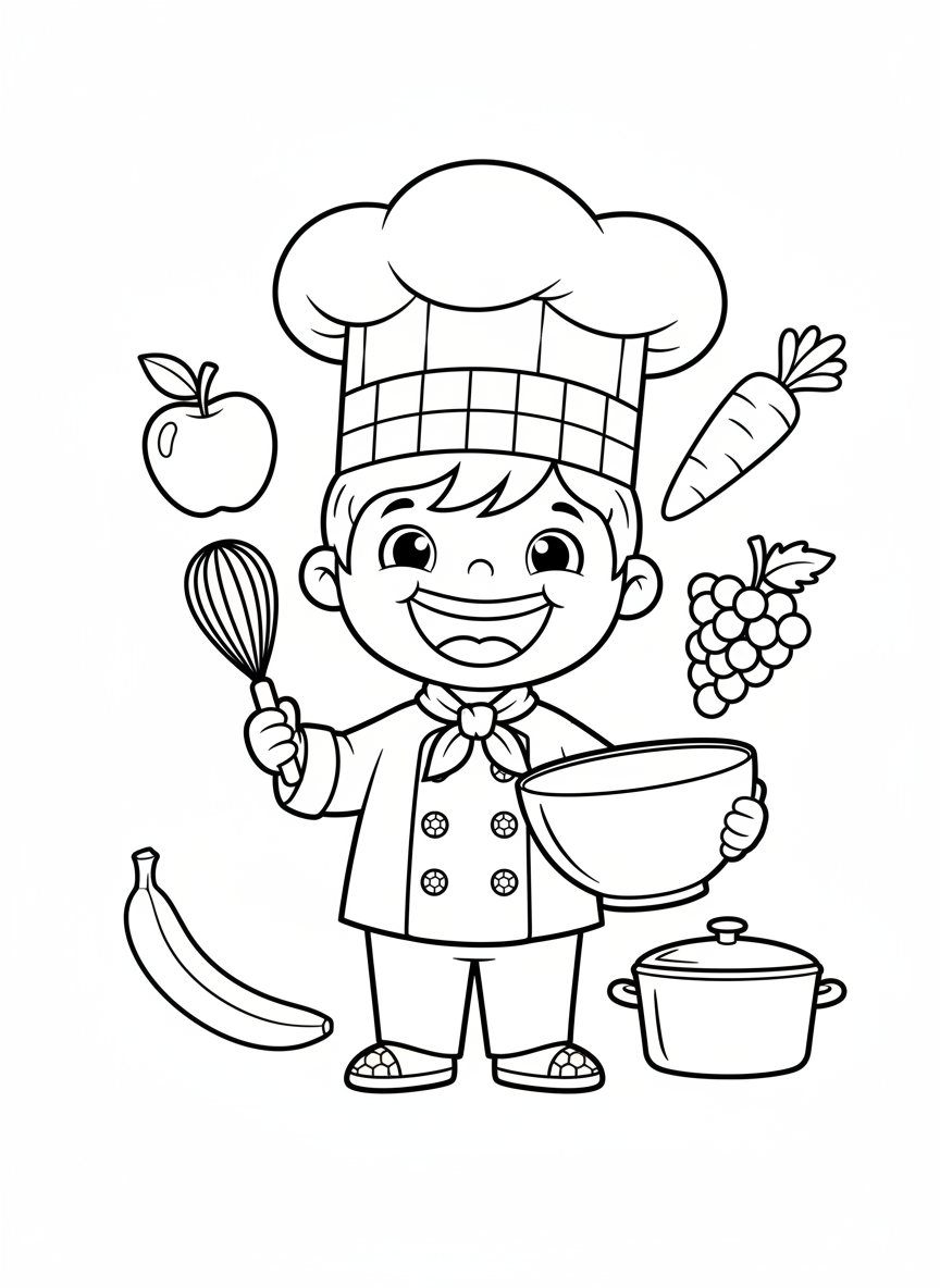 Cheerful Cartoon Chef Coloring Page for Kids - Occupation Coloring Page featuring Baking and Chef - Free Printable Outline Drawing for Kids