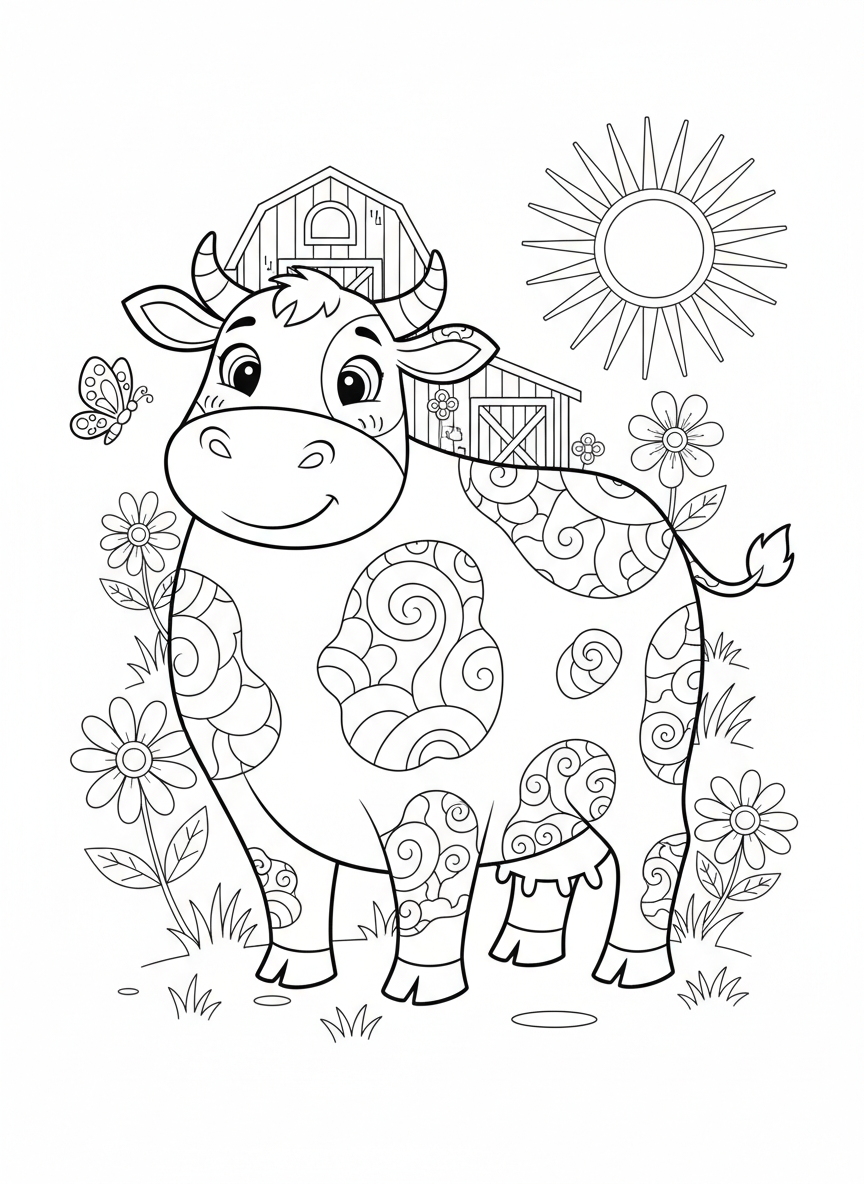Cheerful Cartoon Cow Coloring Page for Kids: A Sunny Farm Adventure - Farm Animal Coloring Page featuring Children and Cute - Free Printable Outline Drawing for Kids