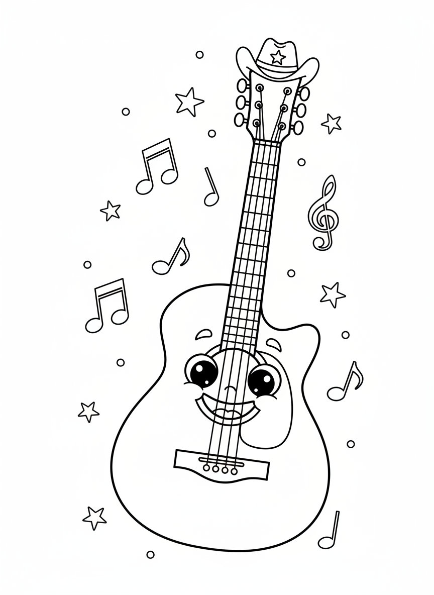 Cheerful Cartoon Guitar with Cowboy Hat Coloring Page for Kids - Musical Instrument Coloring Page featuring Children and Cute - Free Printable Outline Drawing for Kids