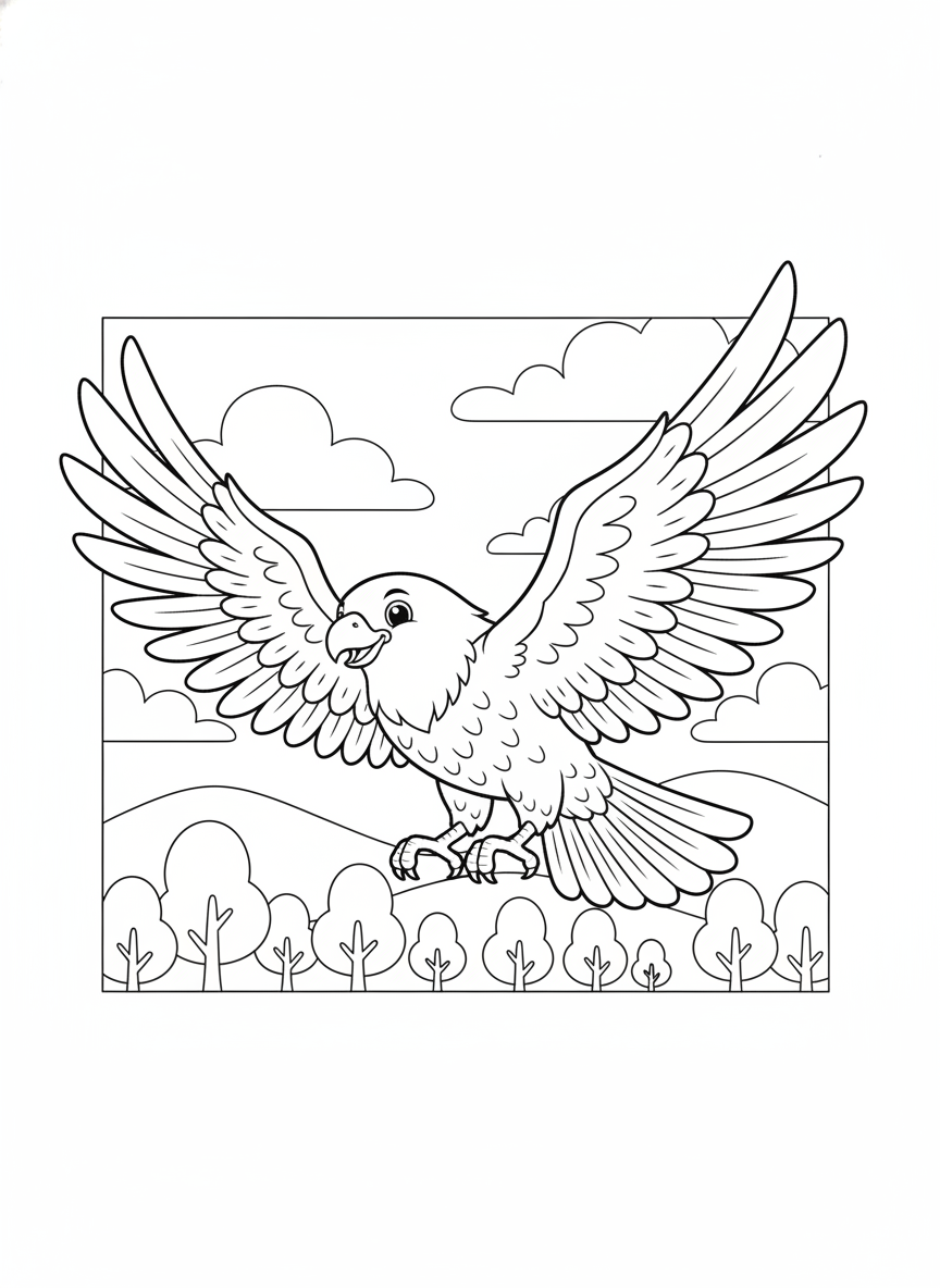 Halcón de Dibujos Animados Alegre en Vuelo: Página para Colorear Niños (5-8 años) - Pájaro Dibujo para Colorear con Fácil de colorear y Bosque - Dibujo de Contorno Gratis Imprimible