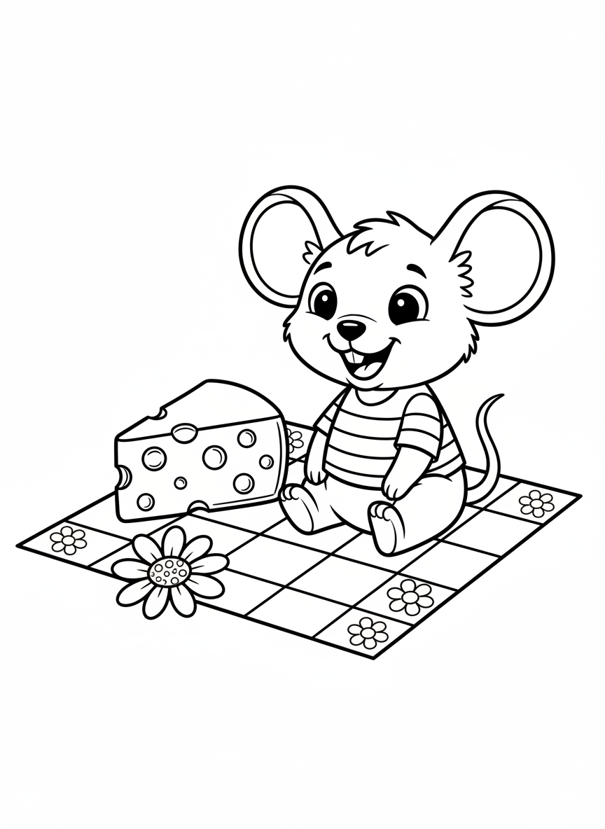 Cheerful Cartoon Mouse Picnic Coloring Page for Kids - Mouse Coloring Page featuring Picnic and Children - Free Printable Outline Drawing for Kids