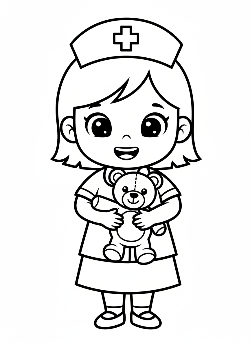 Cheerful Cartoon Nurse with Teddy Bear Coloring Page for Kids - Occupation Coloring Page featuring Children and Cute - Free Printable Outline Drawing for Kids