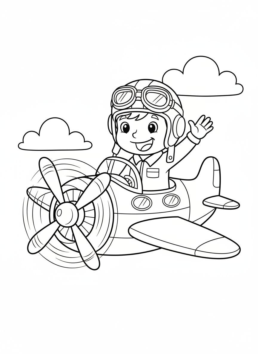 Cheerful Cartoon Pilot & Propeller Plane Coloring Page for Kids - Airplane Coloring Page featuring Cute and Kids - Free Printable Outline Drawing for Kids