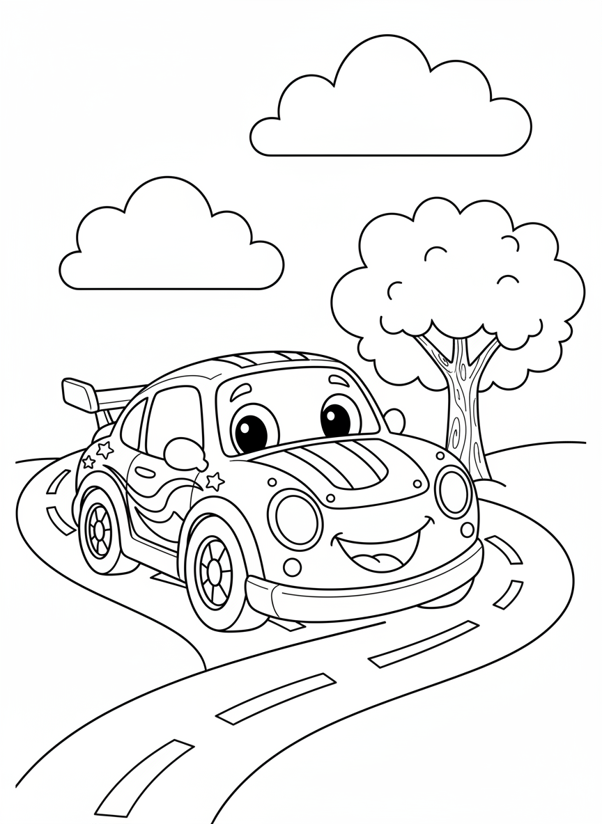 Cheerful Cartoon Race Car Adventure Coloring Page for Kids - Race Car Coloring Page featuring Children and Cute Cartoon - Free Printable Outline Drawing for Kids