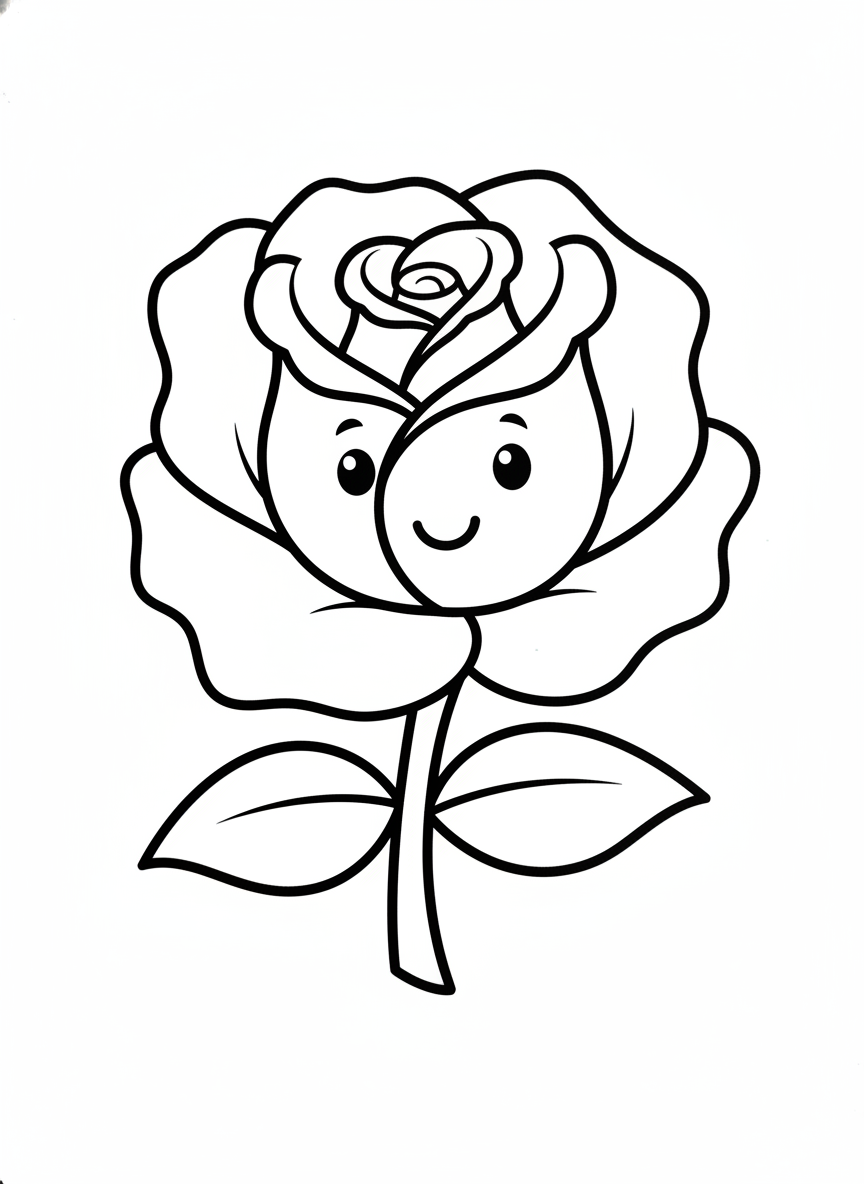 Cheerful Cartoon Rose Kids Coloring Page - Flowers Coloring Page featuring Easy to Color and Children - Free Printable Outline Drawing for Kids