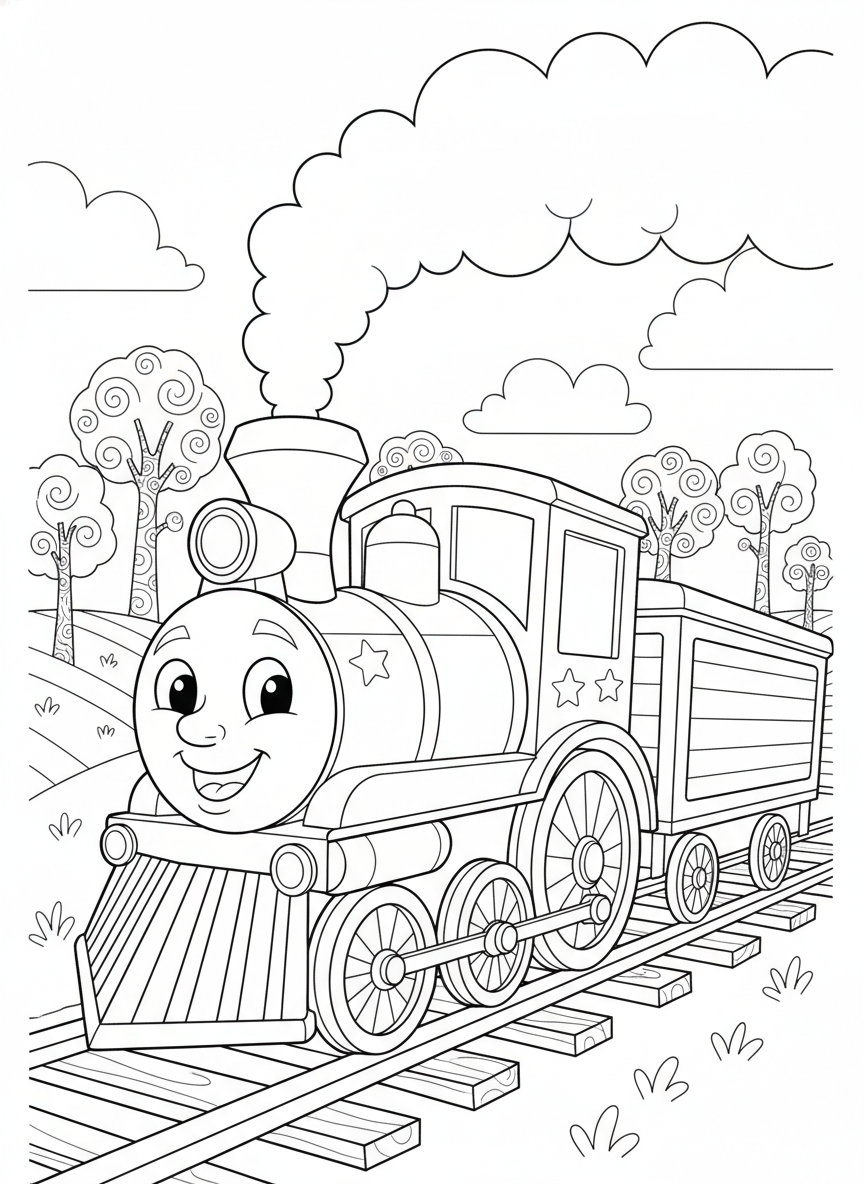 Cheerful Cartoon Train Adventure: A Fun Coloring Page for Kids - Train Coloring Page featuring Children and Cute - Free Printable Outline Drawing for Kids
