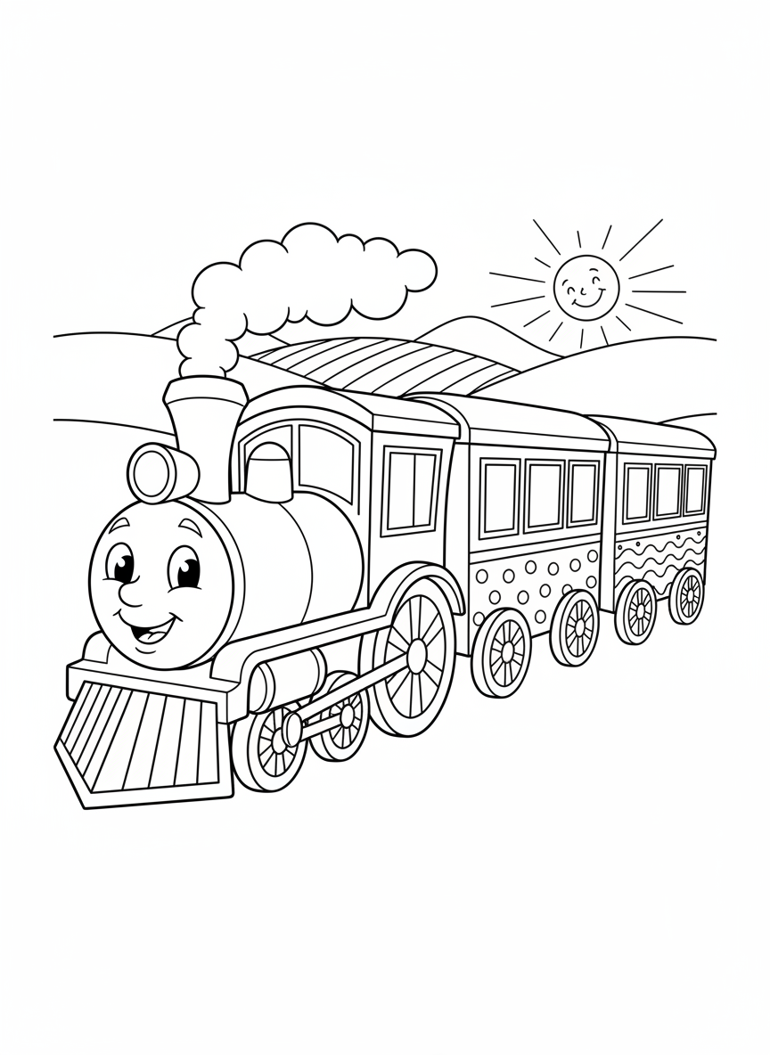 Cheerful Cartoon Train Engine Coloring Page for Kids - Train Coloring Page featuring Easy to Color and Children - Free Printable Outline Drawing for Kids