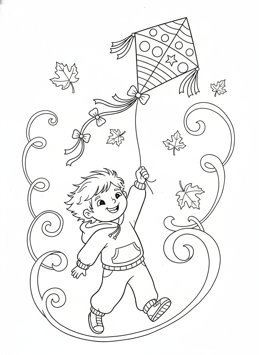 Cheerful Child Flies a Kite on a Breezy Autumn Day - Children Playing Coloring Page featuring Happy and Children - Free Printable Outline Drawing for Kids