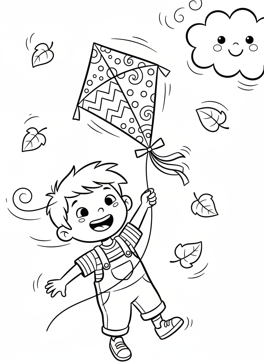 Criança Feliz Soltando Pipa para Colorir 🪁 - Criança Desenho para Colorir com Ao ar livre e Fofo - Desenho de Contorno Grátis Imprimível