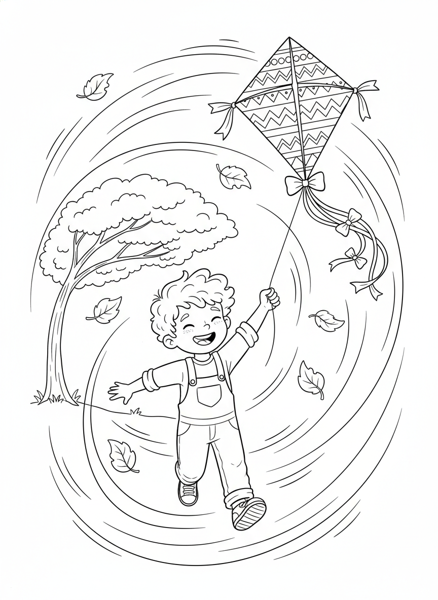 Criança Alegre Soltando Pipa no Parque Página para Colorir - Crianças Brincando Desenho para Colorir com Fácil e Crianças - Desenho de Contorno Grátis Imprimível