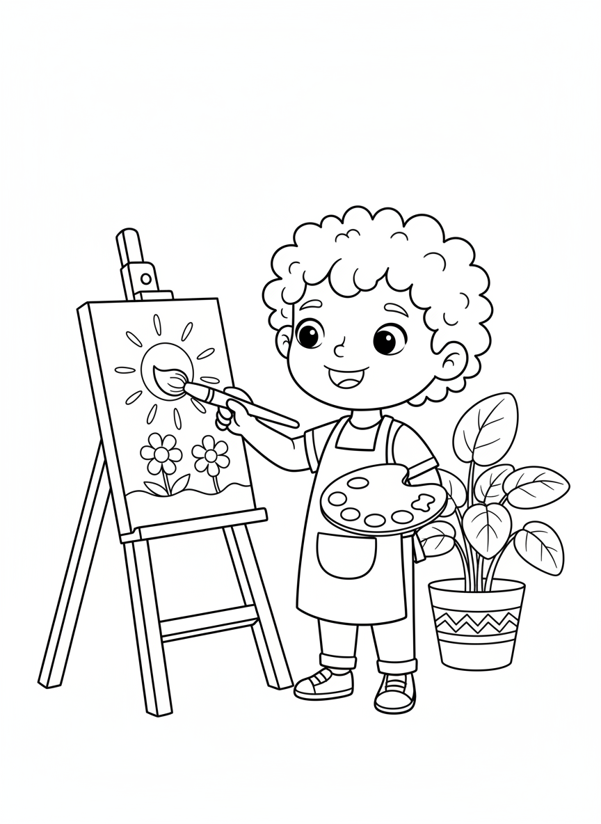 Cheerful Child Painting on an Easel Coloring Page - Art Supplies Coloring Page featuring Easy to Color and Children - Free Printable Outline Drawing for Kids