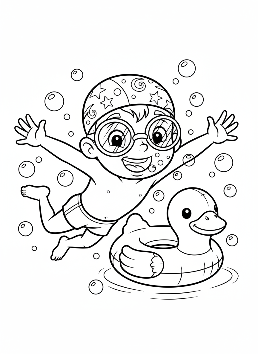 楽しい水中スイミング塗り絵 - 遊ぶ子供たち ぬりえページ 子供と水中 - 無料印刷可能な輪郭画