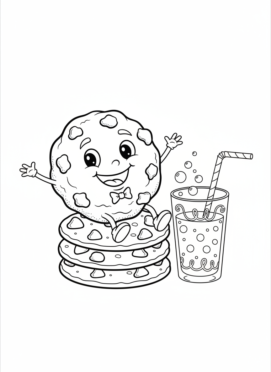 Página de Colorir: Biscoito de Chocolate Feliz e Leite - Biscoitos de Sobremesa Desenho para Colorir com Fofo e Biscoitos - Desenho de Contorno Grátis Imprimível