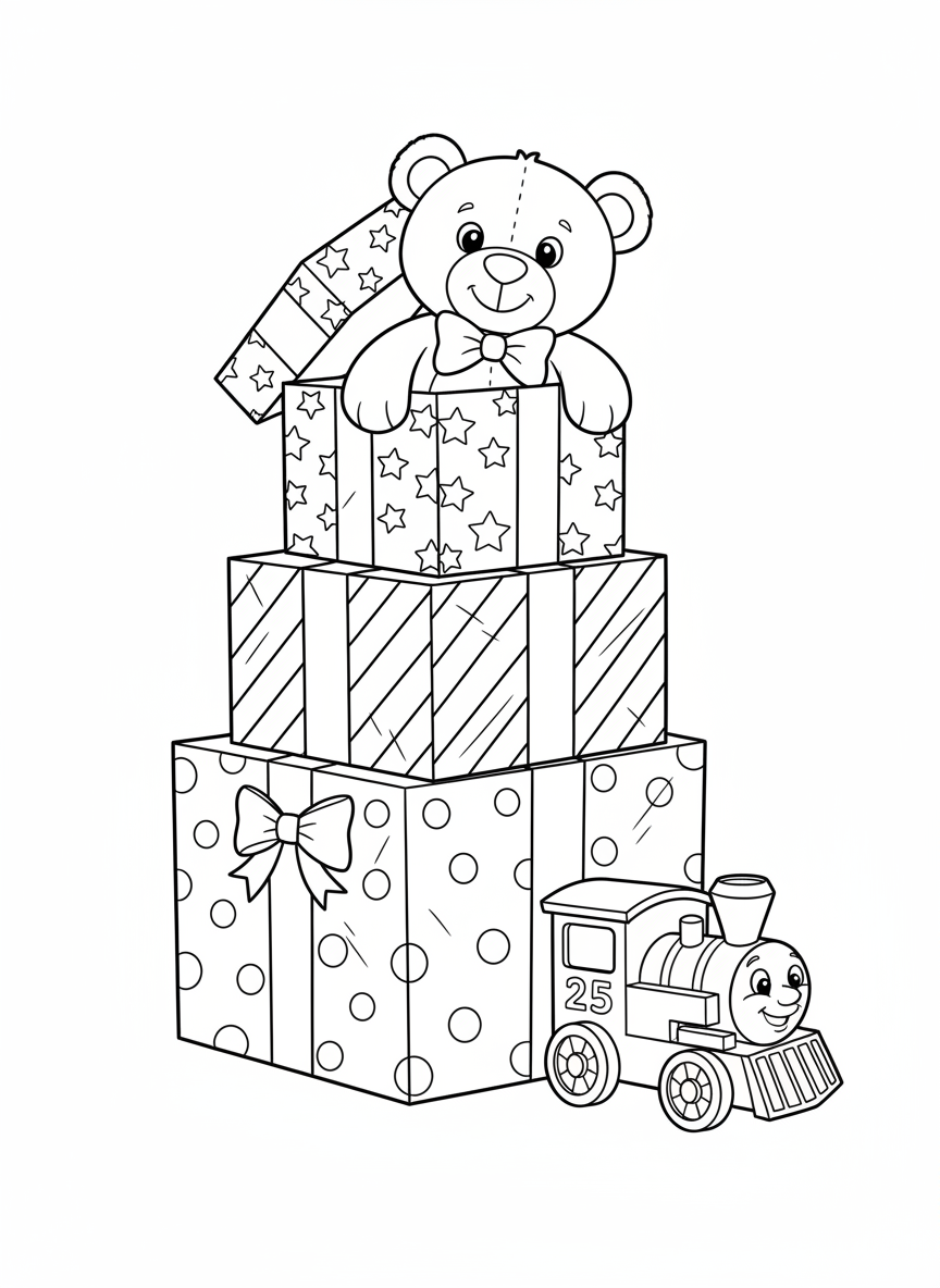 Cheerful Christmas Gift Stack: Teddy Bear & Toy Train Coloring Page - Christmas Coloring Page featuring Christmas and Gifts - Free Printable Outline Drawing for Kids