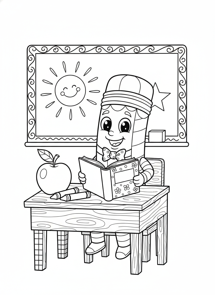 Cheerful Classroom Coloring Page with a Smiling Pencil Friend - School Life Coloring Page featuring Children and Cute - Free Printable Outline Drawing for Kids
