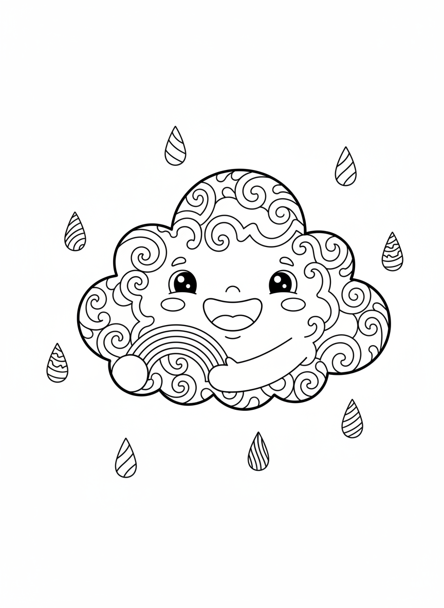 Página de Colorir Nuvem Alegre com Arco-íris e Gotas de Chuva - Nuvem Desenho para Colorir com Crianças e Fofo - Desenho de Contorno Grátis Imprimível