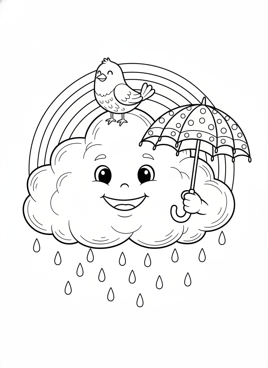 Nuvem Feliz com Guarda-chuva e Arco-íris para Colorir (Crianças) - Nuvem Desenho para Colorir com Fácil de Colorir e Crianças - Desenho de Contorno Grátis Imprimível