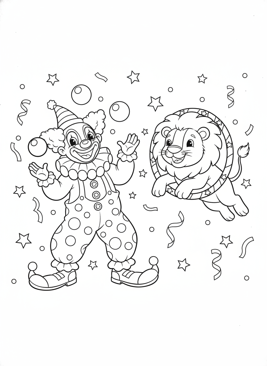 Página de Colorir: Palhaço Alegre e Leão Amigável no Circo - Palhaço Desenho para Colorir com Fácil e Crianças - Desenho de Contorno Grátis Imprimível