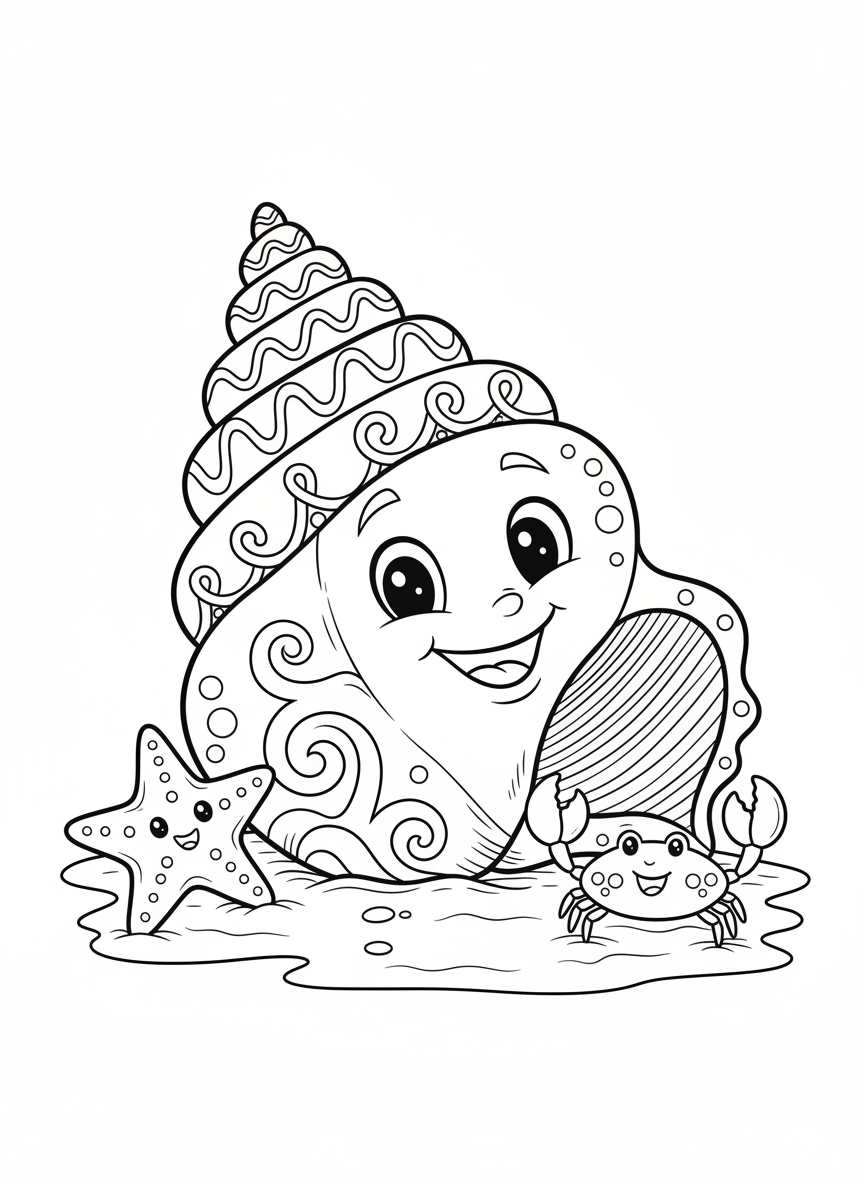 Cheerful Conch Shell Adventure: Cute Ocean Friends Coloring Page - Ocean Animal Coloring Page featuring Ocean Life and Cute Cartoon - Free Printable Outline Drawing for Kids