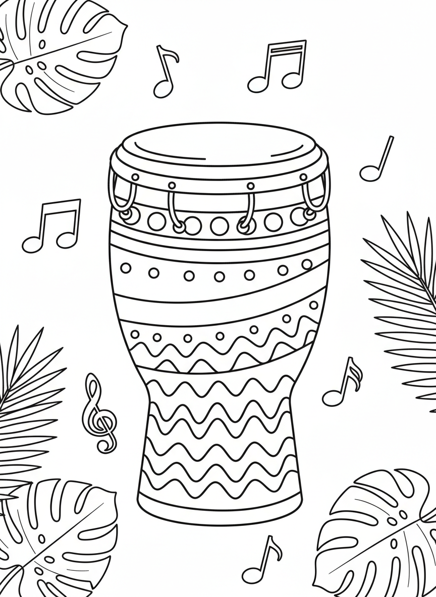 Cheerful Conga Drum with Playful Music Notes Coloring Page - Musical Instrument Coloring Page featuring Cute and Music - Free Printable Outline Drawing for Kids