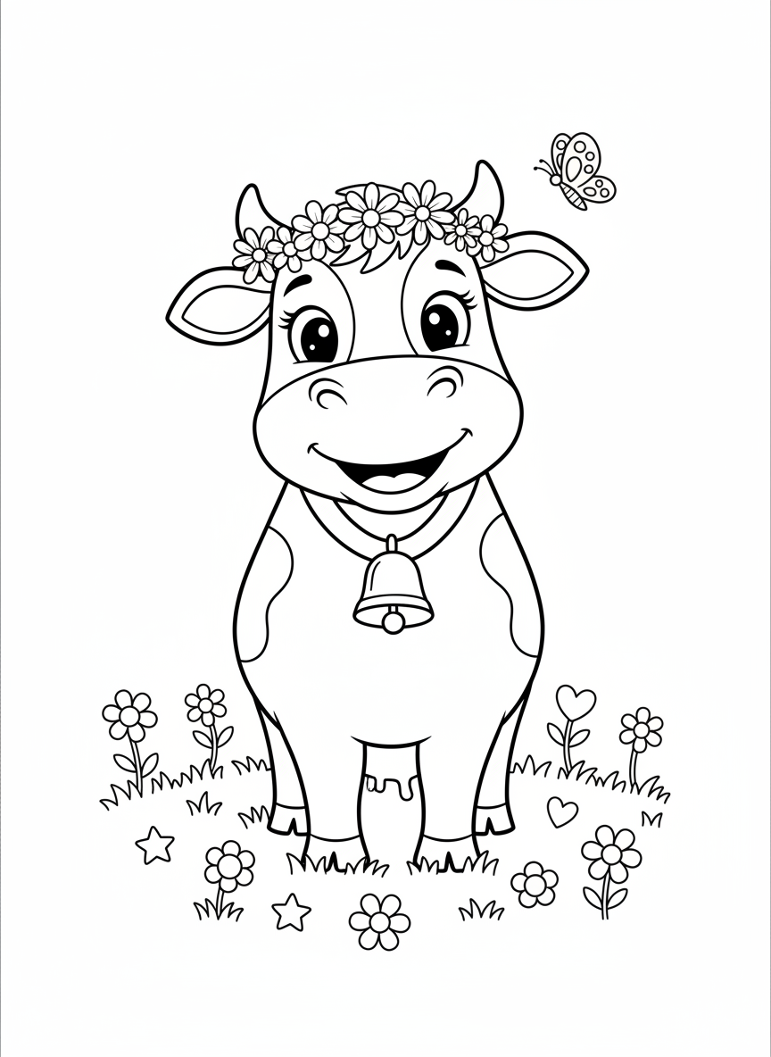 Cheerful Cow with Flower Crown Coloring Page for Kids - Farm Animal Coloring Page featuring Children and Cute - Free Printable Outline Drawing for Kids