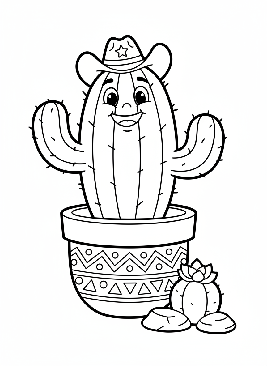 Dibujo para Colorear de Cactus Cowboy y Suculenta Alegre para Niños - Cactus Dibujo para Colorear con Niños y Lindo - Dibujo de Contorno Gratis Imprimible