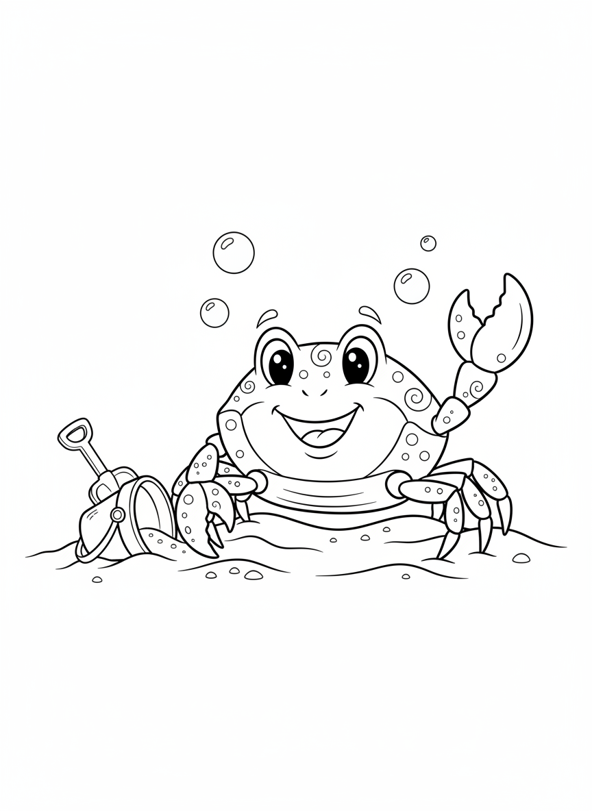 Cheerful Crab Beach Fun Coloring Page - Ocean Animal Coloring Page featuring Ocean and Children - Free Printable Outline Drawing for Kids