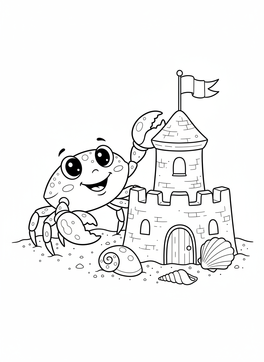 Cheerful Crab Builds a Sandcastle on the Beach Coloring Page - Crab Coloring Page featuring Easy to Color and Cute - Free Printable Outline Drawing for Kids