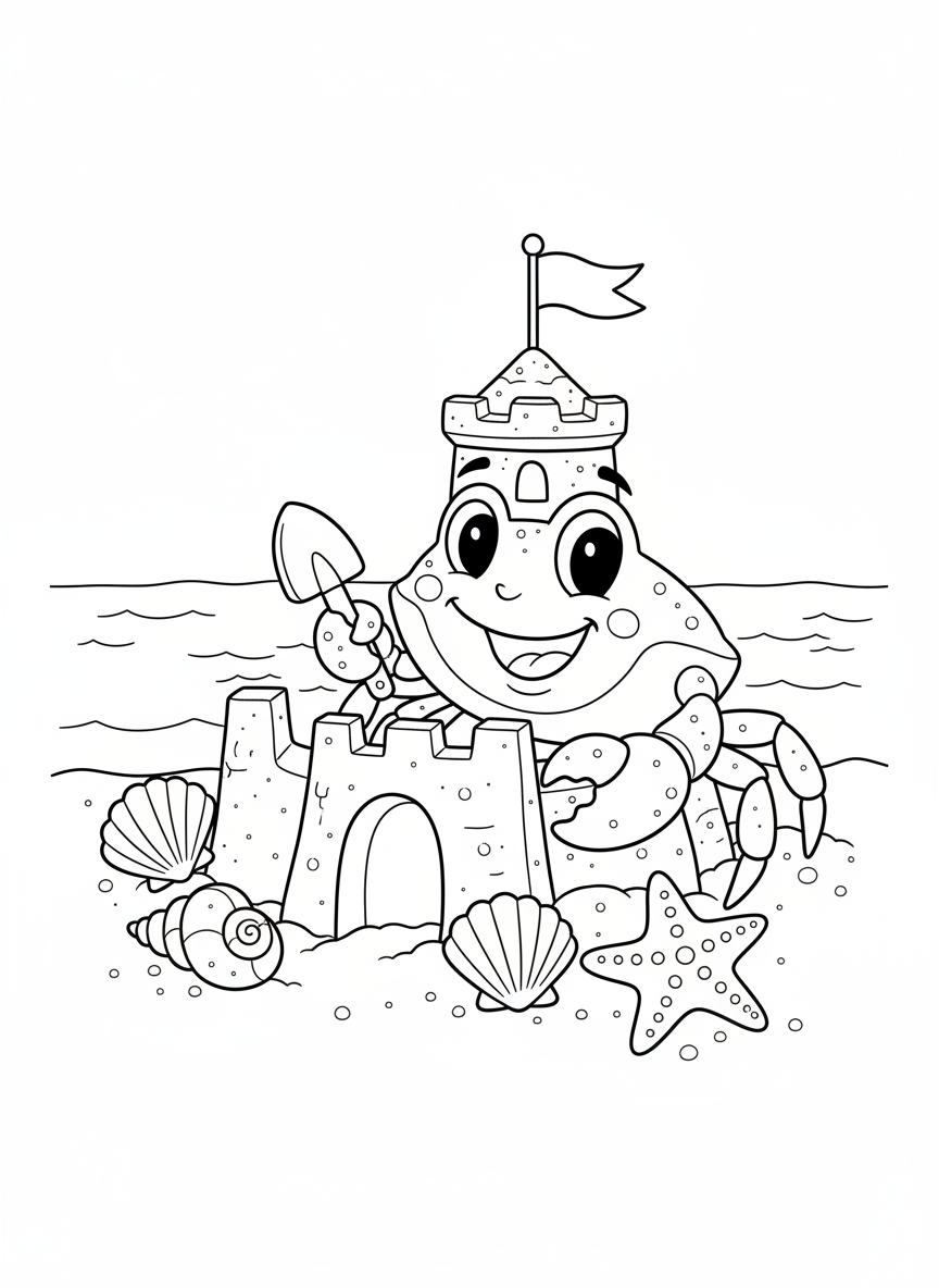 Cheerful Crab Builds Sandcastle Coloring Page for Kids - Crab Coloring Page featuring Ocean and Cute - Free Printable Outline Drawing for Kids