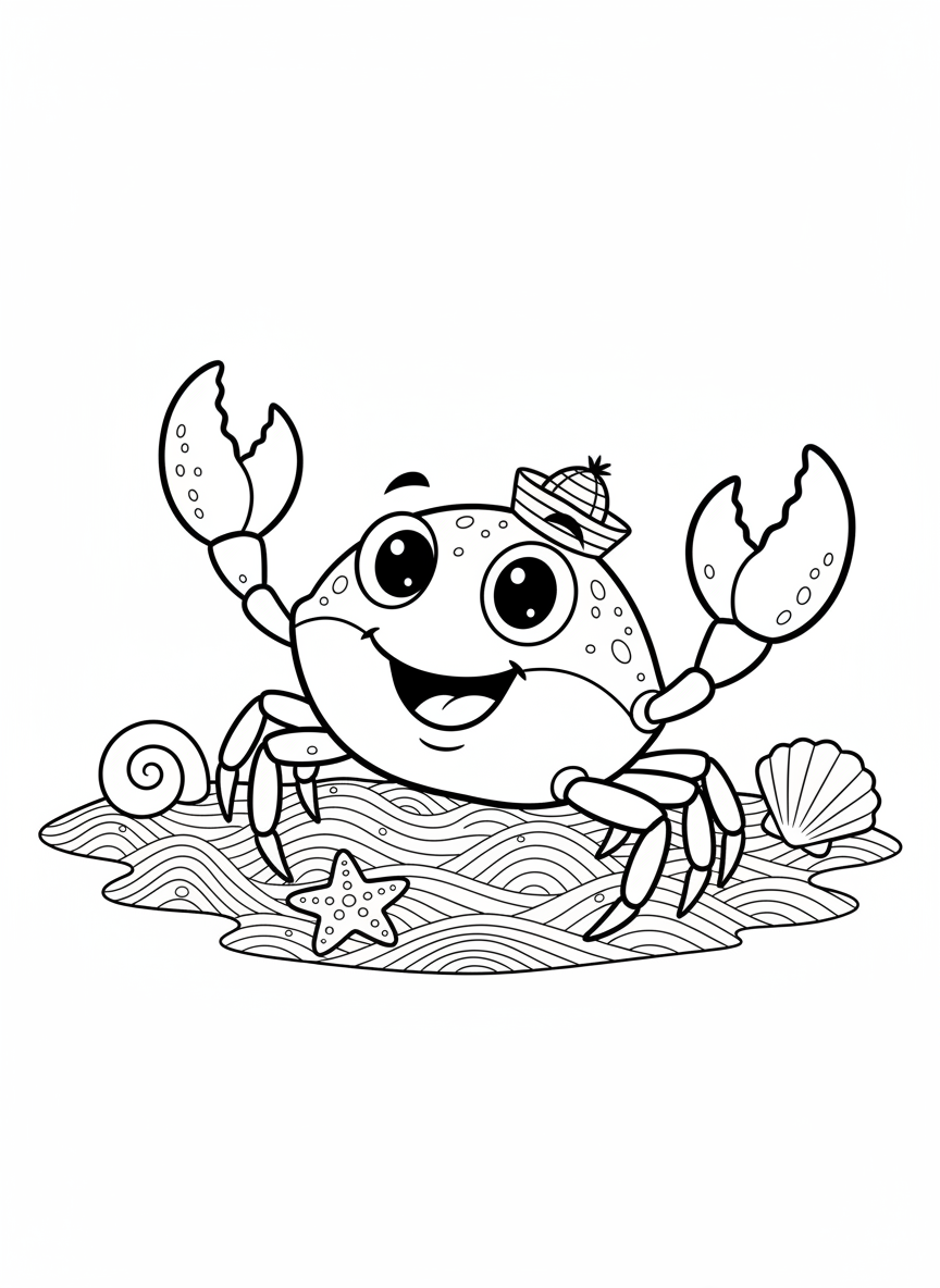Cheerful Crab on a Sandy Beach Coloring Page for Kids - Crab Coloring Page featuring Ocean and Cute - Free Printable Outline Drawing for Kids