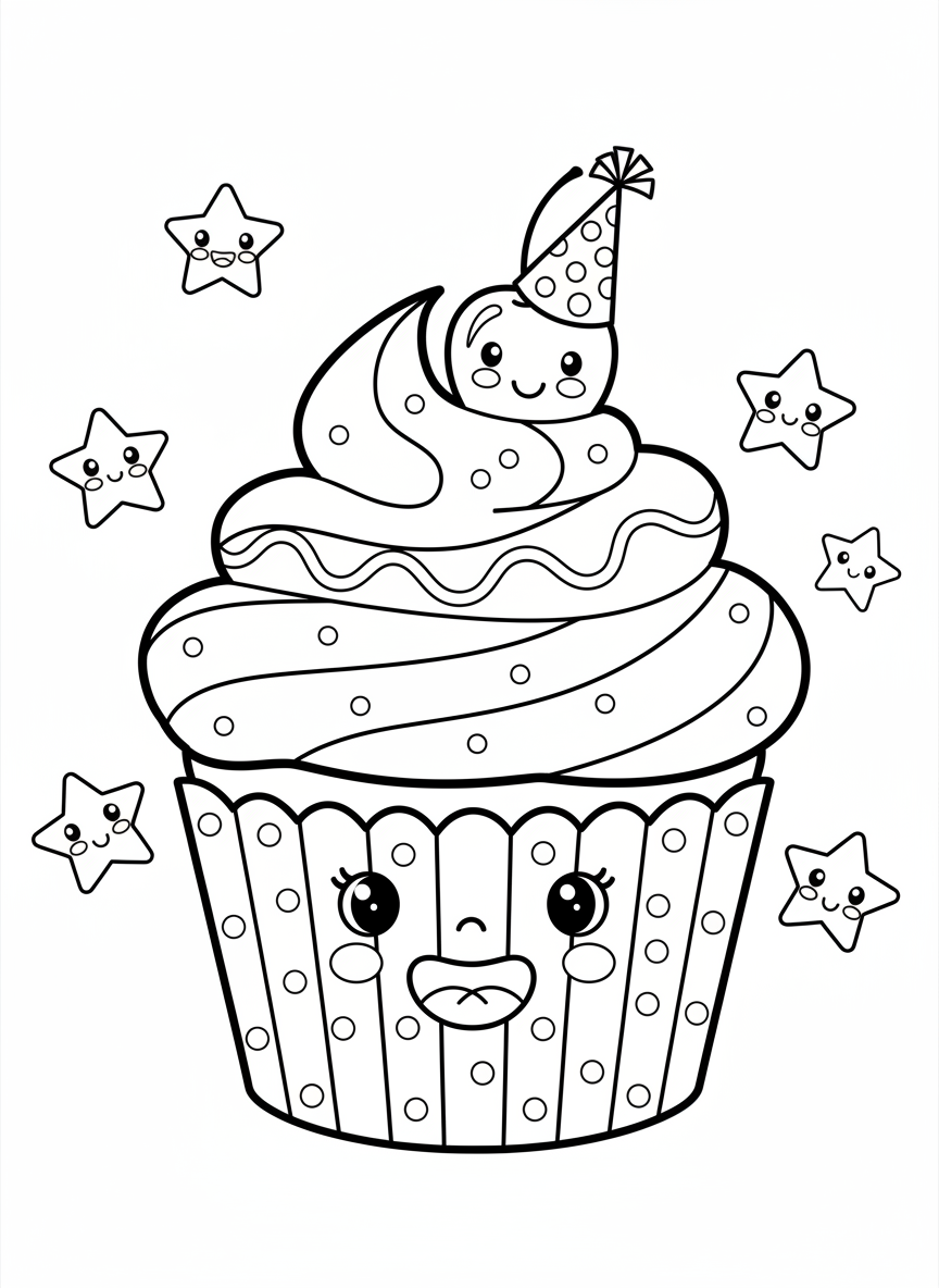 Cheerful Cupcake Fun: A Sweet Coloring Page for Kids - Dessert Coloring Page featuring Cute Cartoon and Celebration - Free Printable Outline Drawing for Kids