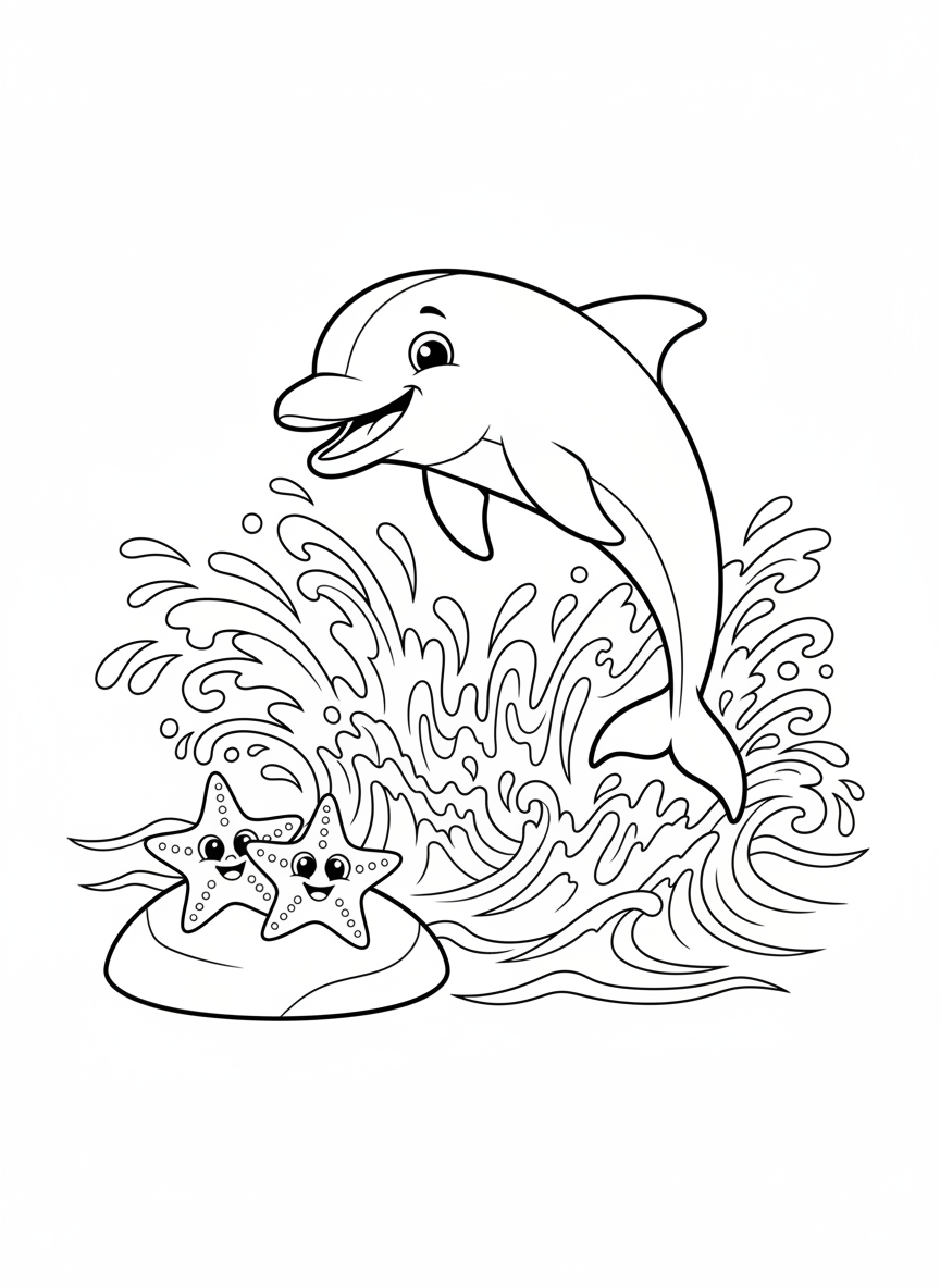 歡樂海豚與海星海洋冒險著色頁 - 海洋動物 著色頁 海豚、海洋 - 免費可列印輪廓畫