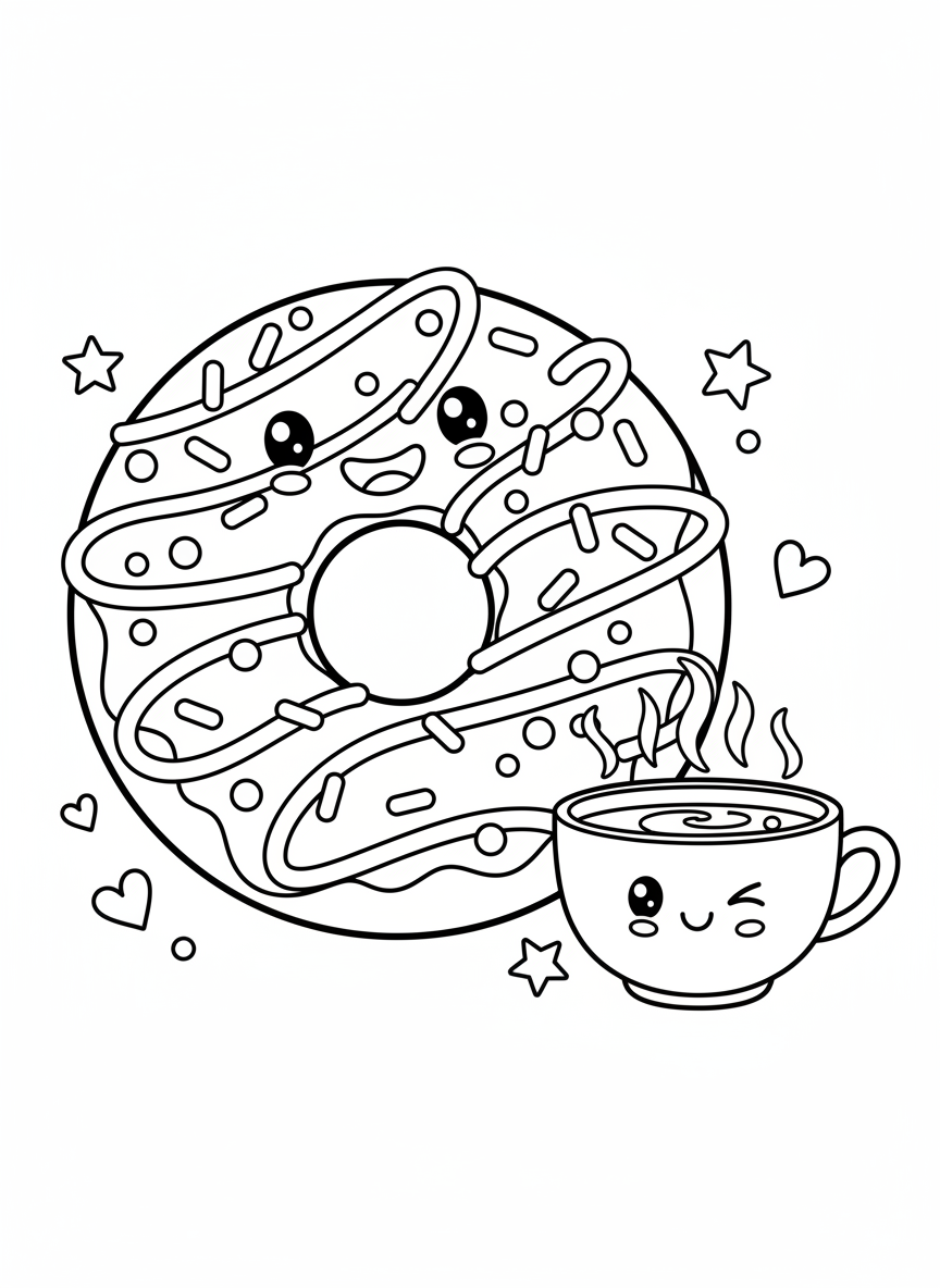 Cheerful Donut & Coffee: A Fun Kids' Coloring Page - Dessert Donut Coloring Page featuring Food and Happy - Free Printable Outline Drawing for Kids